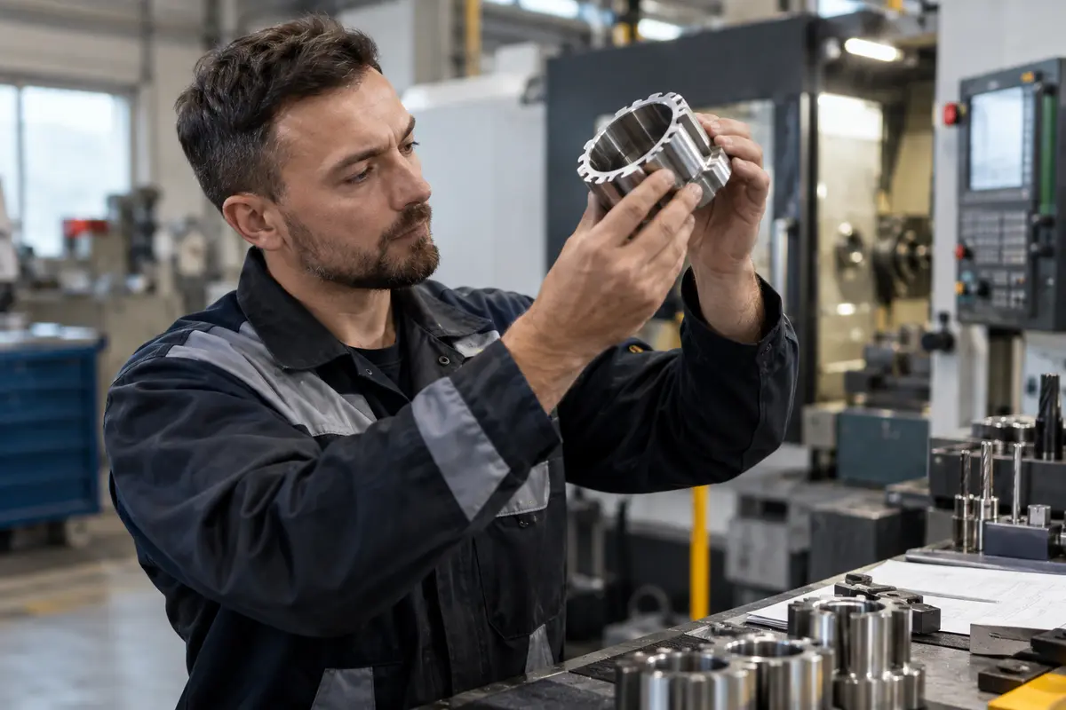 Industrial technician inspecting a finished machine part