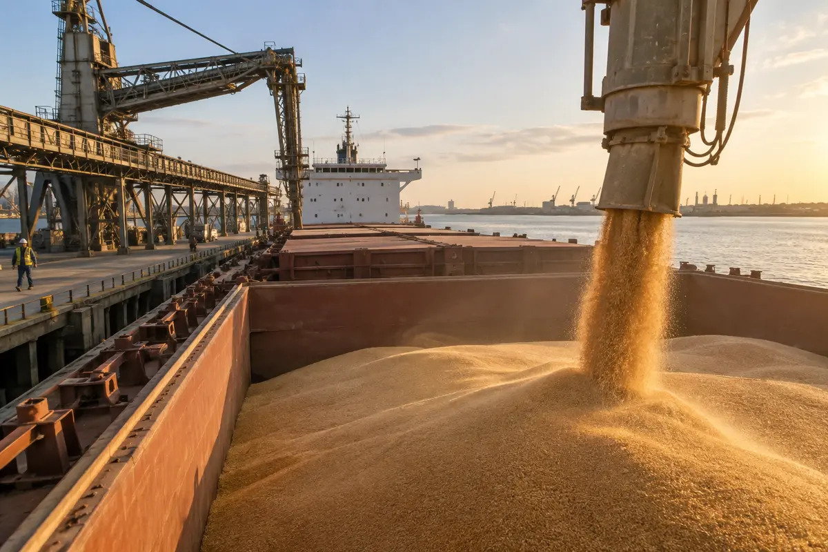 Bulk carrier loading wheat at a terminal