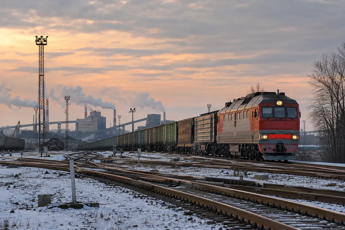 Freight train passing an industrial rail junction