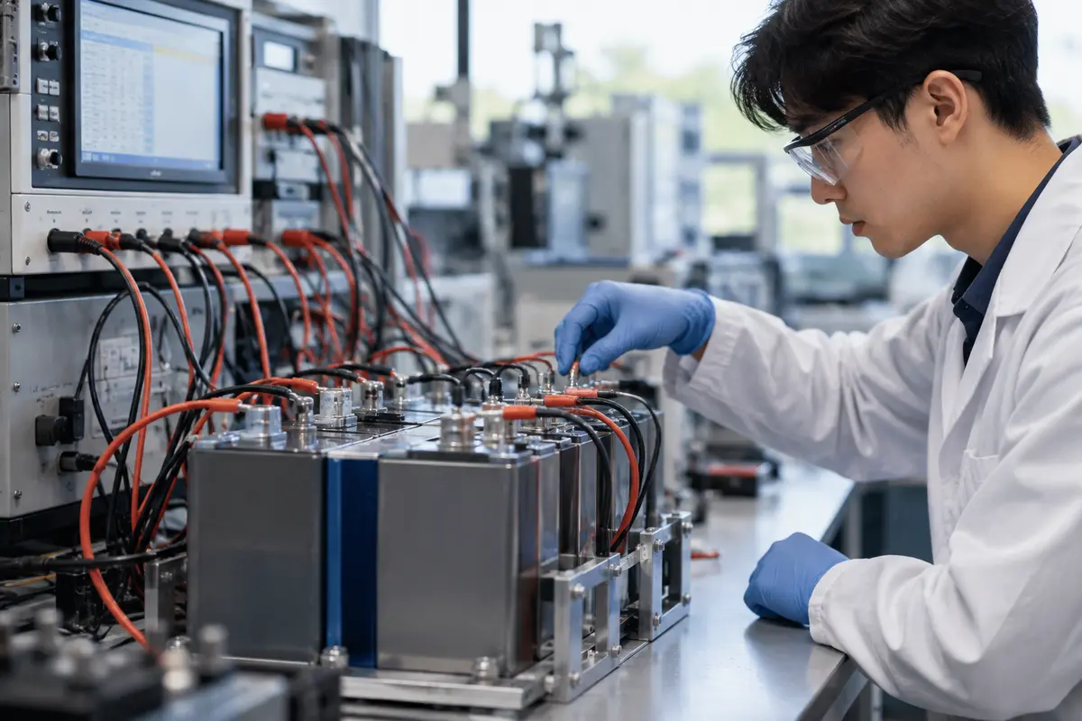 Battery cells connected to laboratory testing equipment