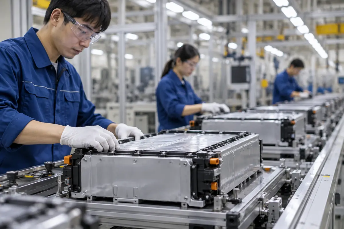 Electric vehicle battery modules on an assembly line