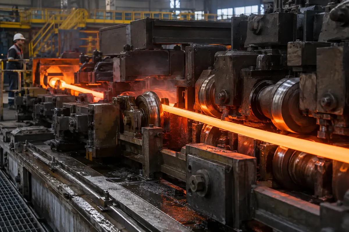 Hot steel rod passing through rolling equipment
