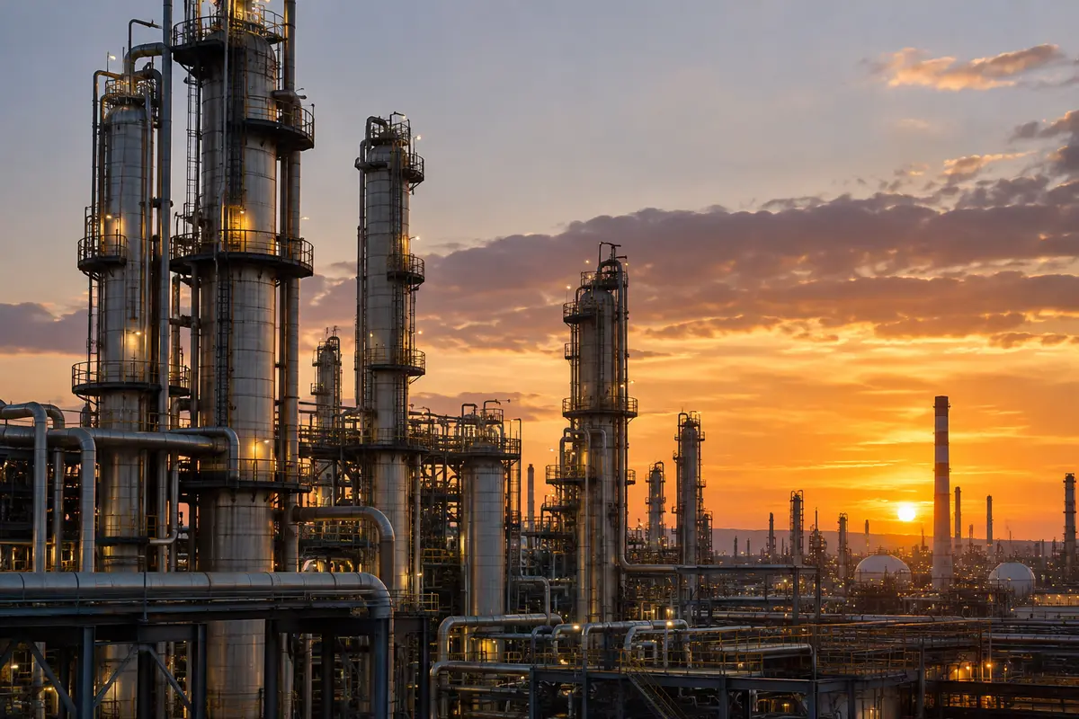 Petrochemical processing columns in evening light
