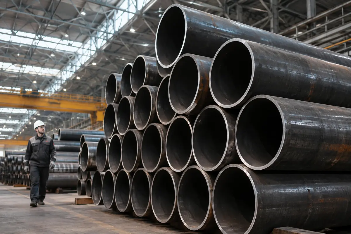 Steel pipes stacked inside an industrial warehouse